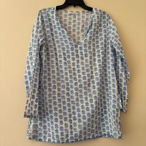 Pomegranate Resort Blue White Block Print Tunic Top Cotton M